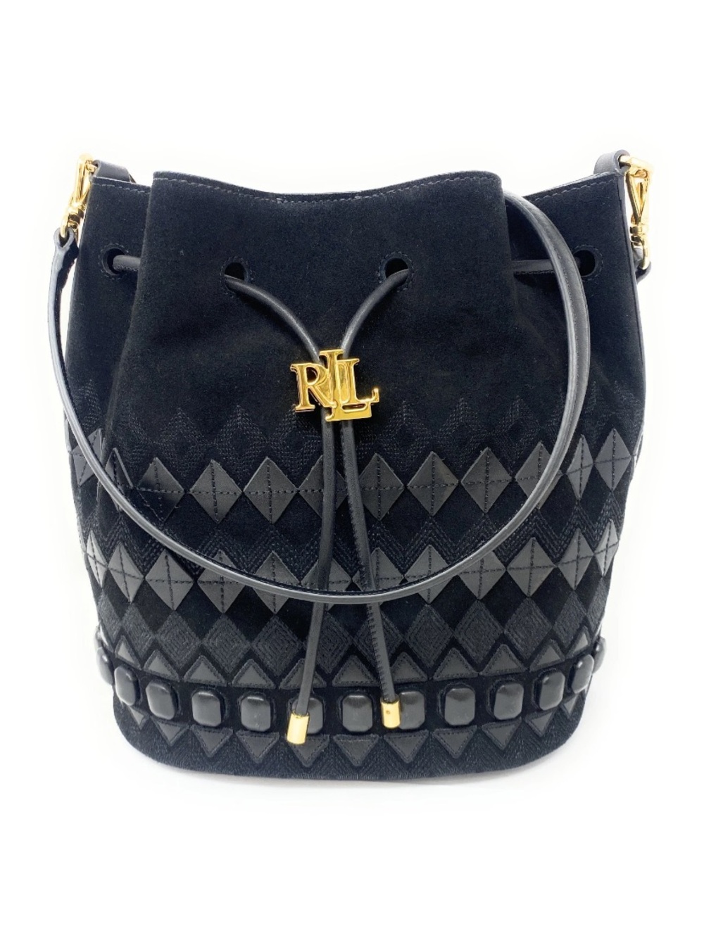 Lauren Ralph Lauren Fair Isle Black Suede Andie Drawstring Bucket Bag - Picture 16 of 16